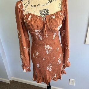 Timing‎ Orange Ruched Bishop Sleeve Dress